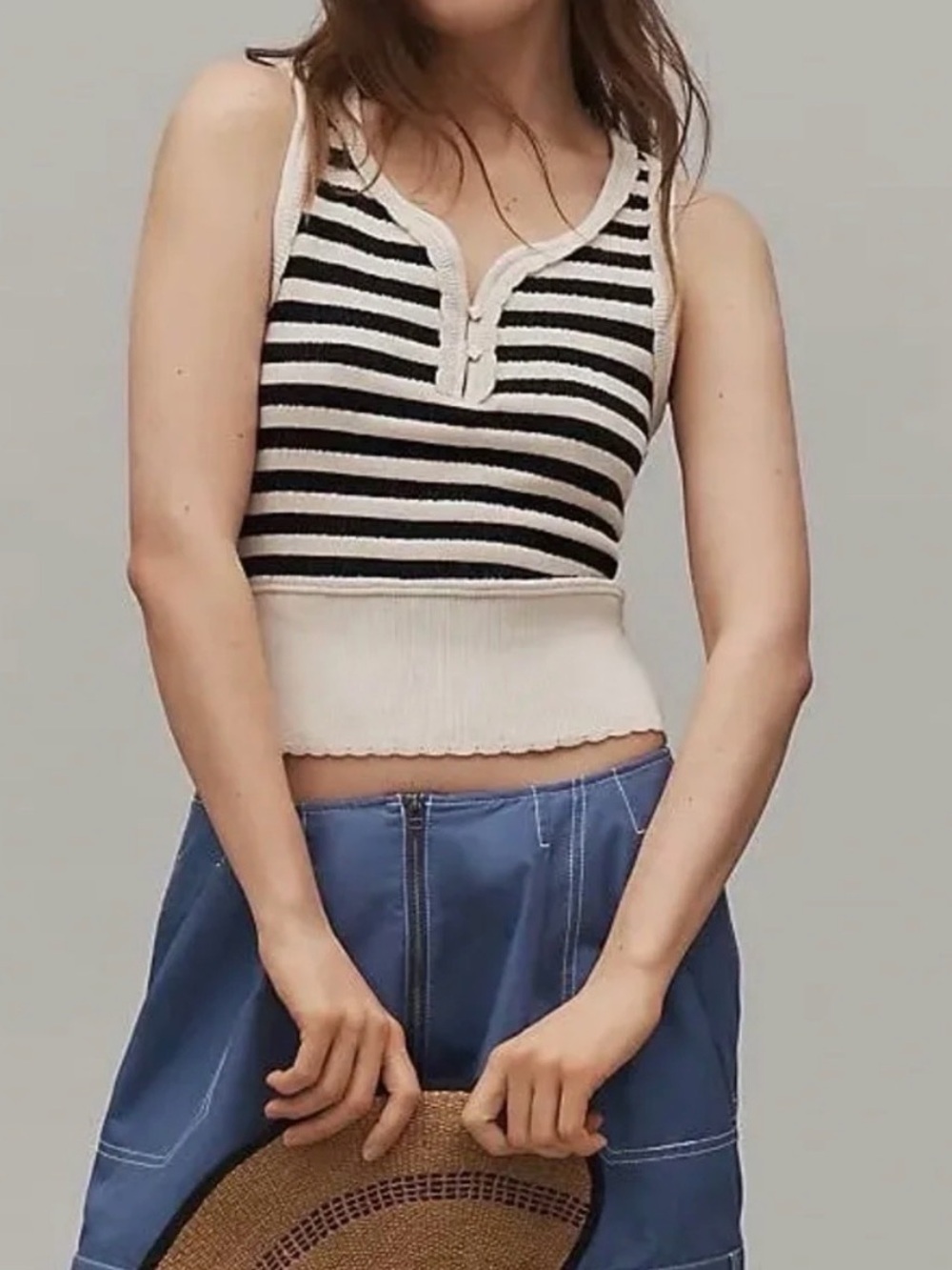 Maeve Black and Cream Striped Ribbed Cropped Tank